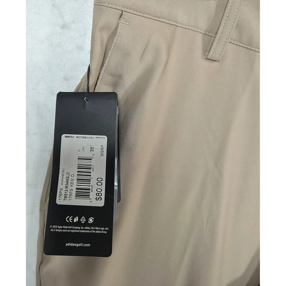 Adidas Mens Climalite Golf Pants Khaki Tan Beige Stretch 3-Stripe 36 x 38 NEW